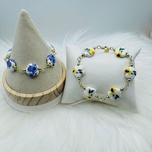 Floral Charm Bracelet Set - Blue and Yellow